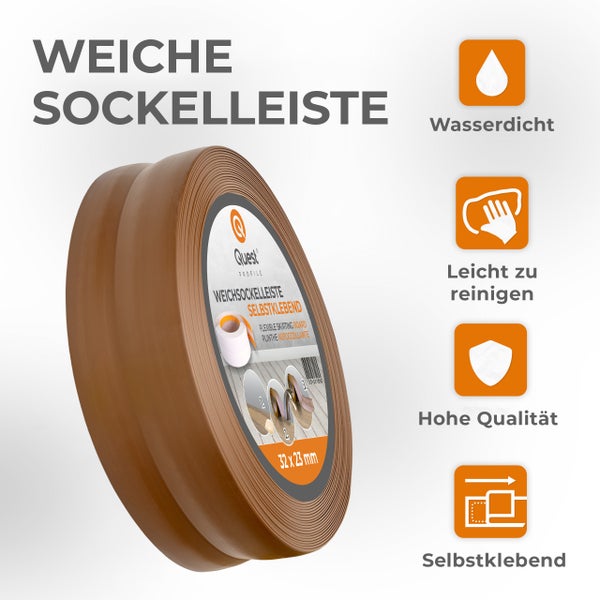 Quest Weichsockelleiste Selbstklebend 32 x 23 mm, PVC Sockelleiste, Flexibel, Dunkelbraun, 5 Meter