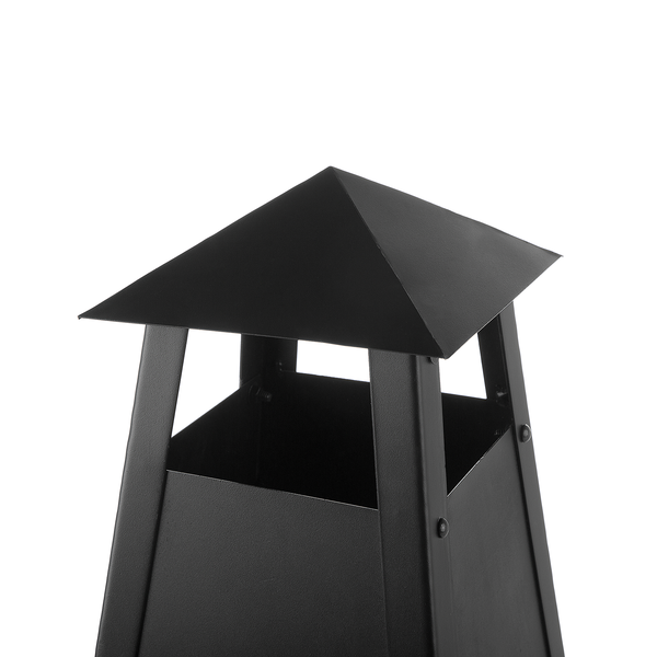 Detailaufnahme eines Standaschers aus schwarzem Metall mit pyramidenförmigem Dach zum Schutz vor Witterung.