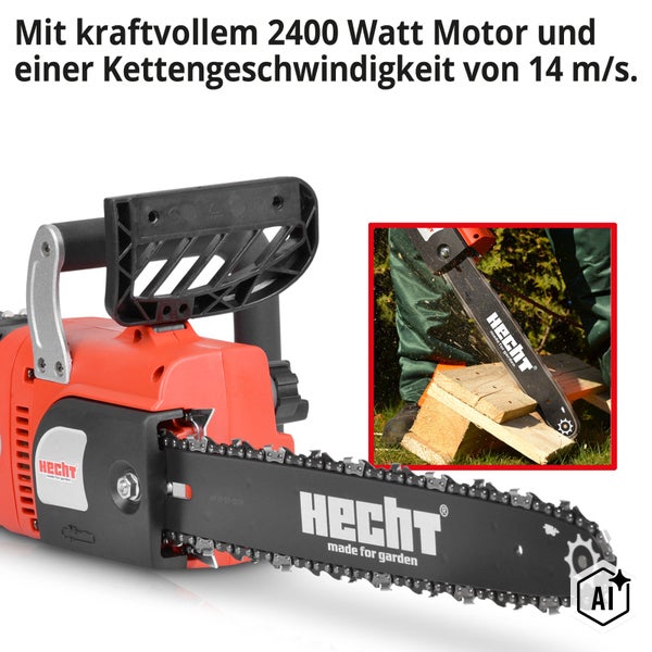 Elektrische Kettensäge Hecht mit 2400 Watt Motor und 14 Meter pro Sekunde Kettengeschwindigkeit zum Sägen von Holz.