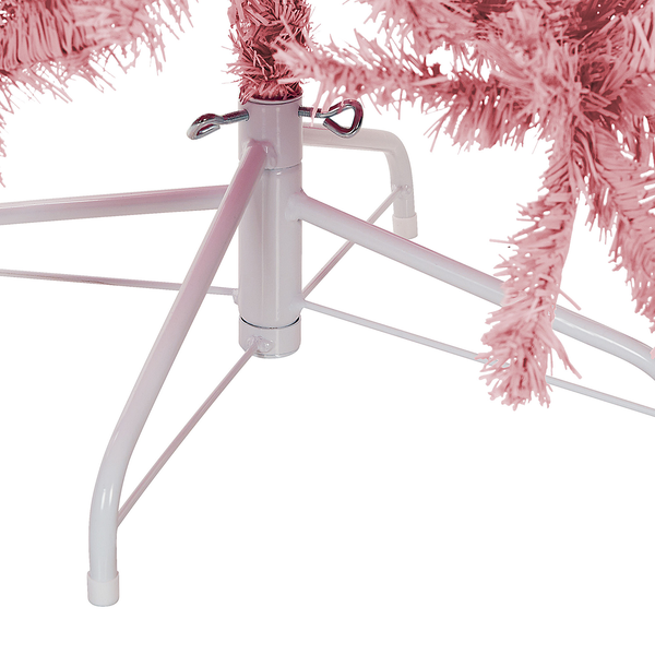 Detailansicht des Christbaumständers aus Metall mit Schrauben zur Fixierung des rosa Weihnachtsbaums.