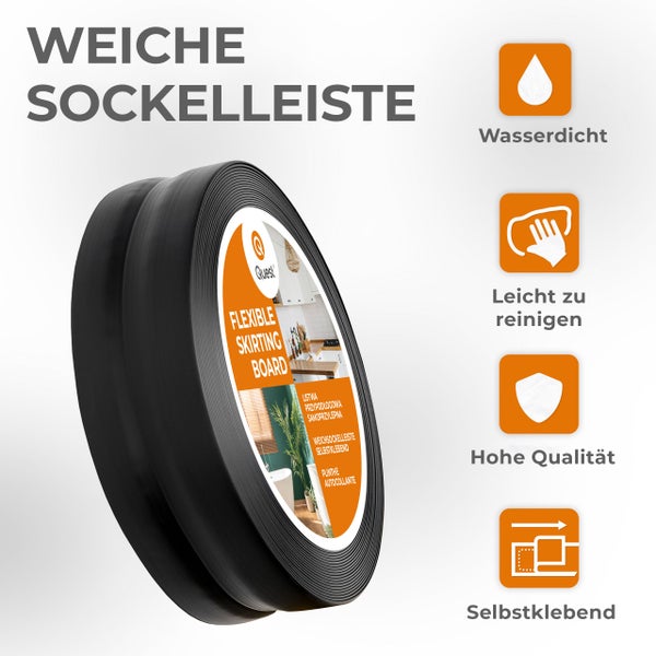 Weiche, selbstklebende Sockelleiste auf der Rolle mit Symbolen für Wasserdichtigkeit, leichte Reinigung, hohe Qualität und Selbstklebefunktion.