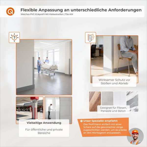 Anwendungsbeispiele für weiche PVC-Eckprofile mit Klebestreifen.