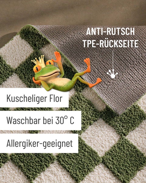 Badematte mit Karomuster, kuscheligem Flor, waschbar bei 30 Grad Celsius, für Allergiker geeignet und rutschhemmender TPE-Rückseite.
