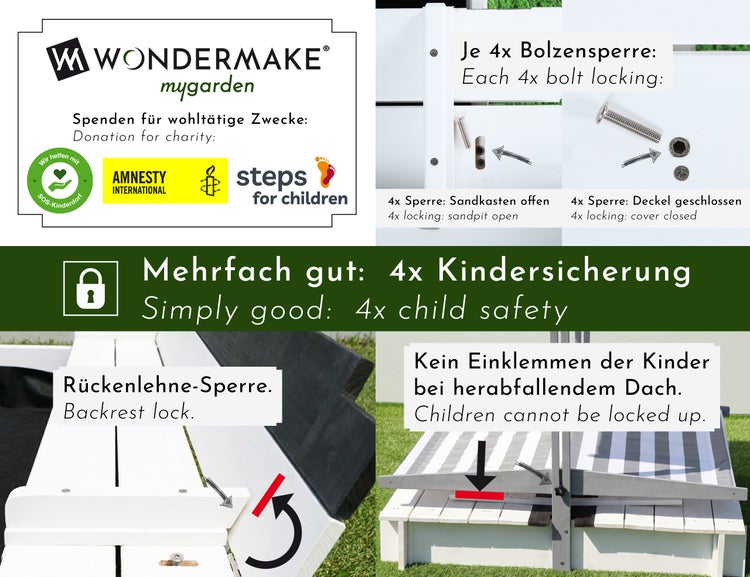 Wondermake Sandkasten Kindersicherung mit Bolzensperre für Deckel und Rückenlehne sowie Einklemmschutz beim Dach.
