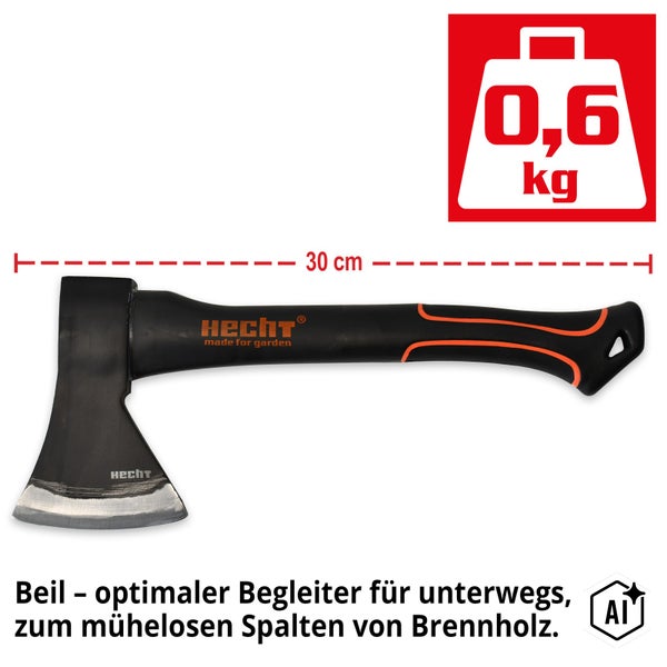 Hecht Beil mit dreißig Zentimeter Länge und null Komma sechs Kilogramm Gewicht zum Spalten von Brennholz mit Hecht Logo