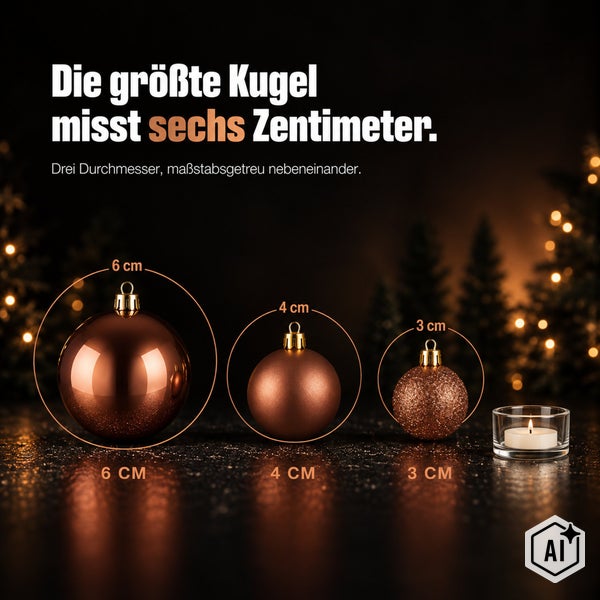 Drei Weihnachtskugeln im Größenvergleich mit Durchmessern von sechs Zentimeter, vier Zentimeter und drei Zentimeter vor festlichem Hintergrund.