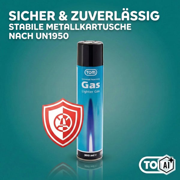 TOM Feuerzeuggas in Metallkartusche mit 300 Milliliter Inhalt und Sicherheitszeichen gemäß UN1950