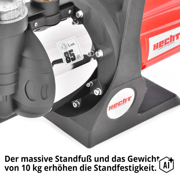 Hecht Gartenpumpe mit massivem Standfuß und einer Schallemission von 85 Dezibel inklusive Hecht Logo