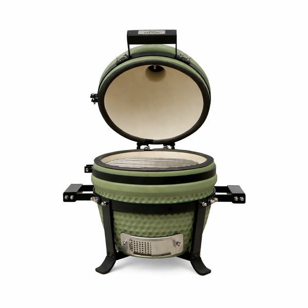 Grüner Keramikgrill mit Temperaturanzeige und schwarzem Gestell.