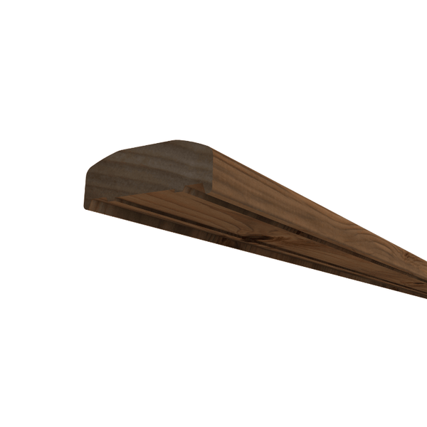 Profilleiste aus Holz, dunkle Optik, mit abgerundeter Oberseite und Maserung.