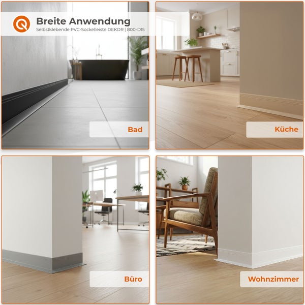 Anwendungsbeispiele für selbstklebende PVC-Sockelleiste Dekor in Bad, Küche, Büro und Wohnzimmer