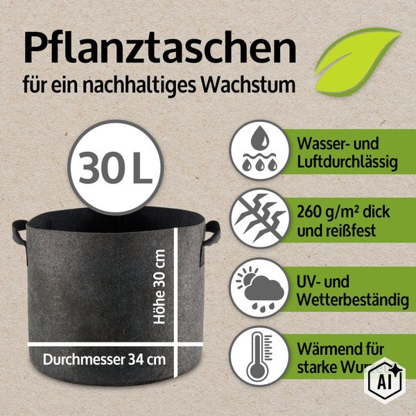 Runde Pflanztasche mit 30 Litern Volumen, 30 Zentimeter Höhe und 34 Zentimeter Durchmesser aus reißfestem 260 Gramm pro Quadratmeter Material.