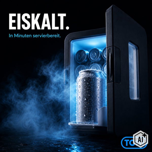 Mini Kühlschrank mit einer Getränkedose im Inneren und Nebel für schnelle Kühlung inklusive TOM Logo