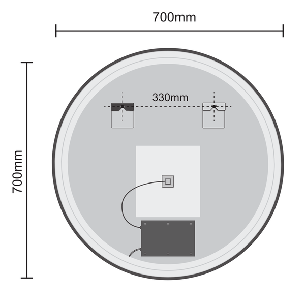 Technische Zeichnung der Rückseite eines runden Spiegels mit einem Durchmesser von 700 Millimetern und einem Aufhängungsabstand von 330 Millimetern.