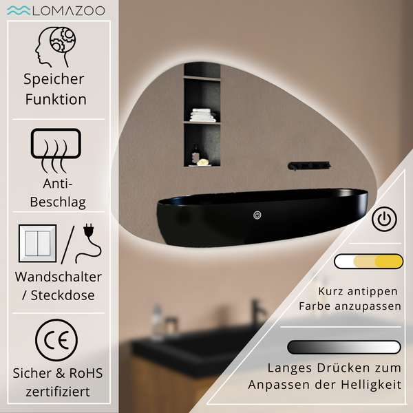 Unregelmäßig geformter Badezimmerspiegel mit LED Beleuchtung, Touch Funktion, Speicherfunktion, Antibeschlag und CE Zertifizierung.