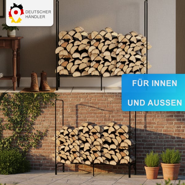 Brennholzregal aus Metall für den Innen- und Außenbereich mit Holzscheiten