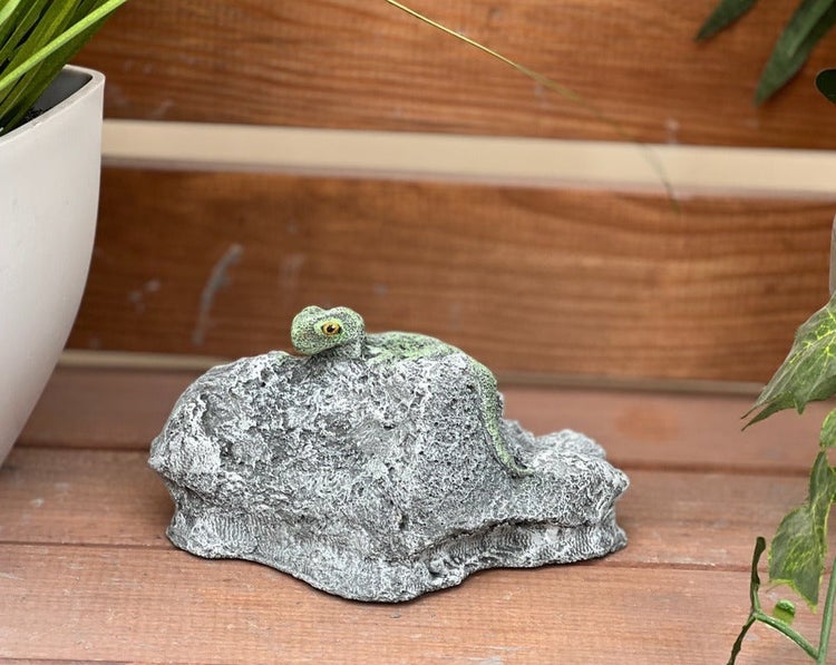 Dekorative Gartenfigur Eidechse auf einem Stein als Gartenaccessoire aus Kunststein