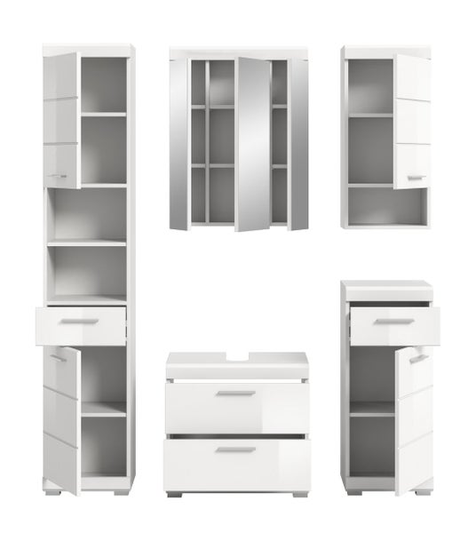 Badezimmermöbel-Set bestehend aus Hochschrank, Spiegelschrank, Waschbeckenunterschrank und Beistellschränken in Hochglanz-Optik.