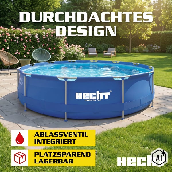 Rundes Hecht Framepool Gartenbecken mit Metallrahmen auf einer Terrasse, inklusive Ablassventil und platzsparender Lagerfunktion.