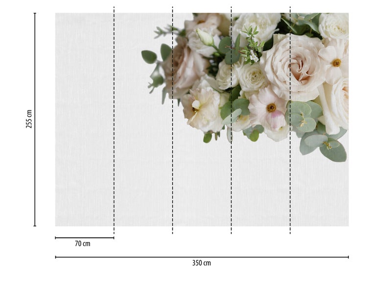 Vliestapete mit Rosen und Eukalyptus, 255 Zentimeter mal 350 Zentimeter, 5 Bahnen à 70 Zentimeter.