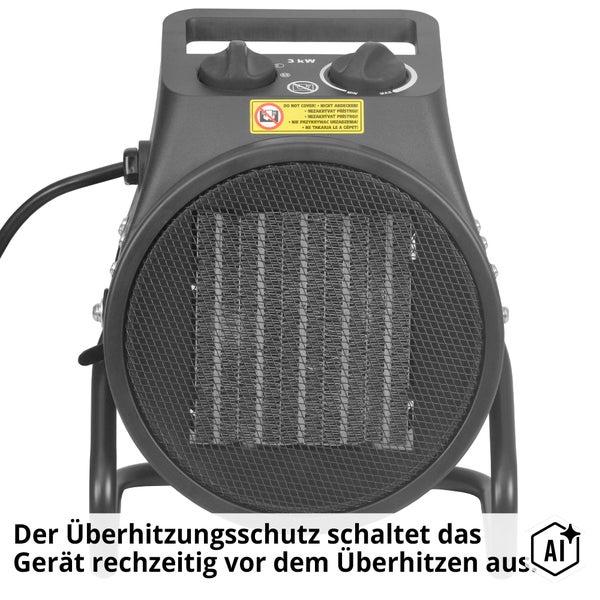 Elektrisches Heizgebläse mit 3 Kilowatt Leistung und Überhitzungsschutz für den Innenbereich.