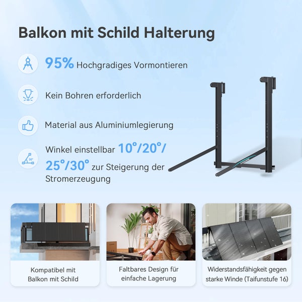 Balkonhalterung für Solarmodule aus Aluminium, winkelverstellbar auf 10, 20, 25 oder 30 Grad, keine Bohrung nötig und weitgehend vormontiert.