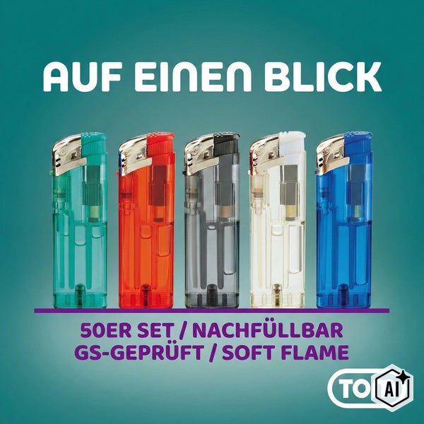 Fünfzig teiliges Set nachfüllbarer Feuerzeuge mit weicher Flamme und geprüfter Sicherheit von der Marke Tom Logo