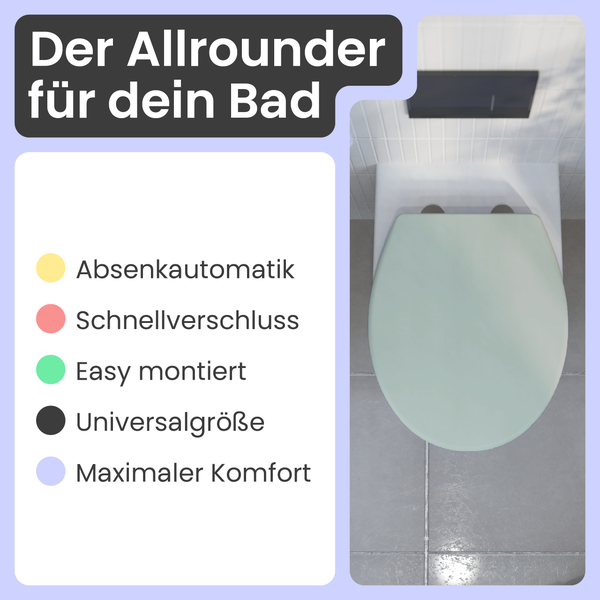 Toilettensitz mit Absenkautomatik, Schnellverschluss, Universalgröße, einfacher Montage und maximalem Komfort.