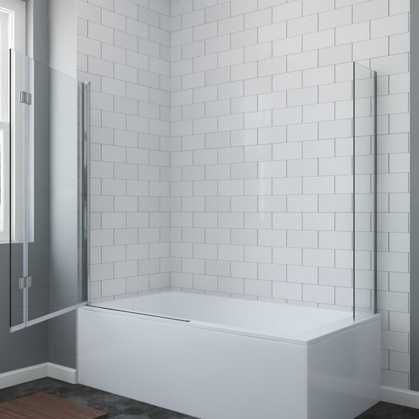 Duschwand für Badewanne aus Glas mit Profilen, montiert an weiß gefliester Wand in modernem Badezimmer.