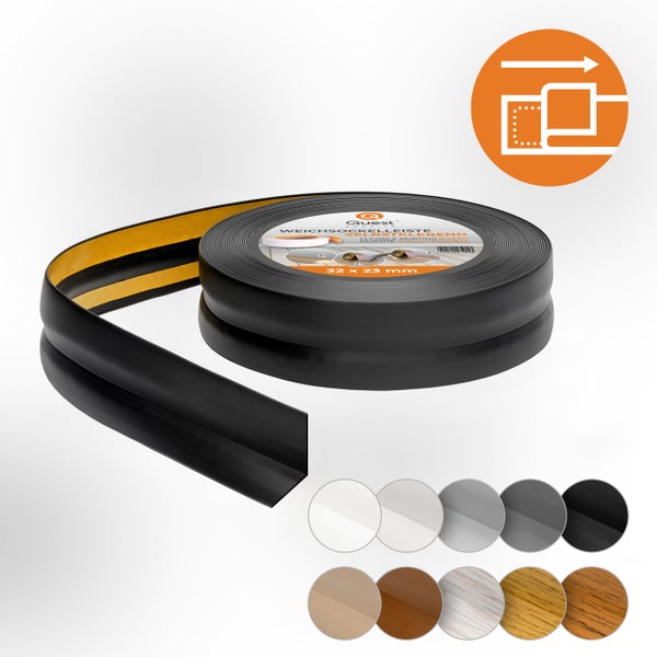 Quest Weichsockelleiste Selbstklebend 32 x 23 mm, PVC Sockelleiste, Flexibel, Schwarz, 5 Meter