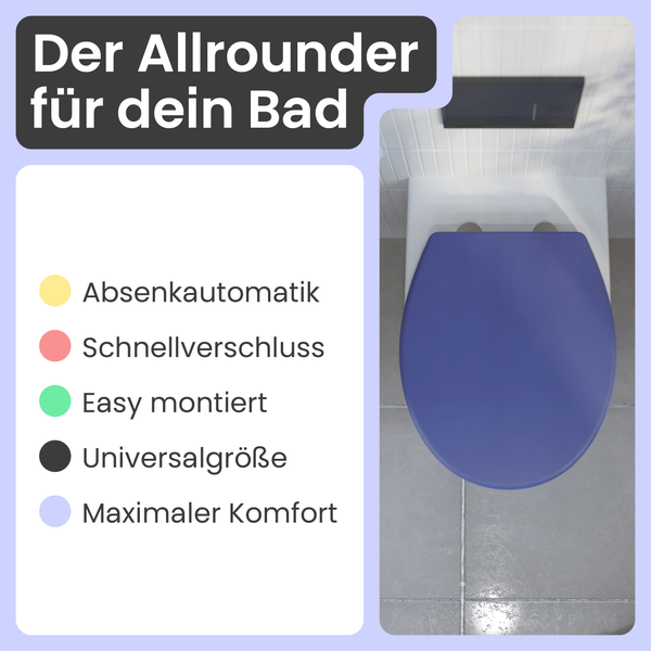 Blauer WC-Sitz mit Absenkautomatik, Schnellverschluss und Universalgröße für eine einfache Montage im Badezimmer.