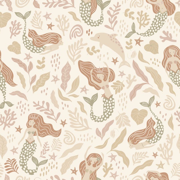 ESTAhome Tapete Meerjungfrauen Graugrün, Beige und Terrakotta - 50 x 900 cm - 131498