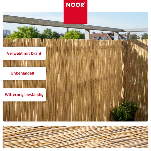 Noor Sichtschutzmatte aus Schilfrohr, mit Draht verwebt, unbehandelt und witterungsbeständig als Balkonverkleidung montiert.