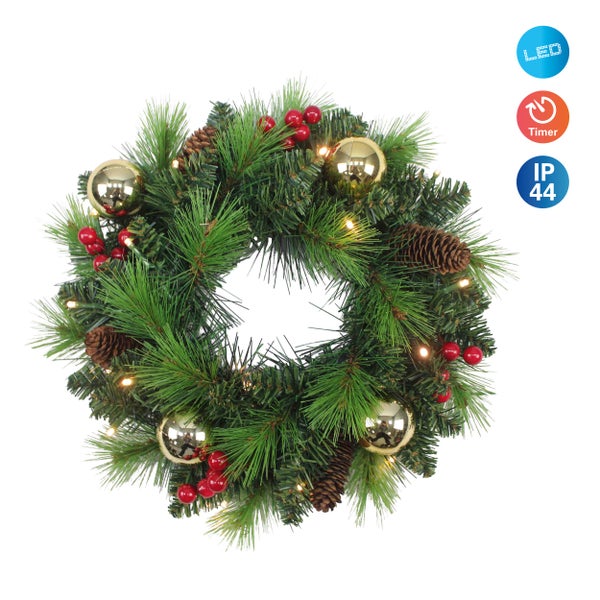 Weihnachtsdekoration: LED-geschmückter Adventskranz mit Timer und Schutzart IP44