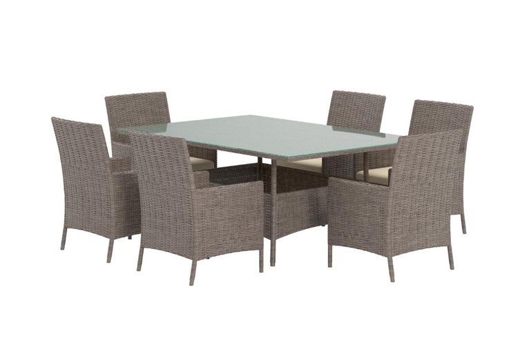 Gartenmöbel-Set aus Polyrattan bestehend aus einem Esstisch mit Glasplatte und sechs Stühlen mit Sitzkissen.
