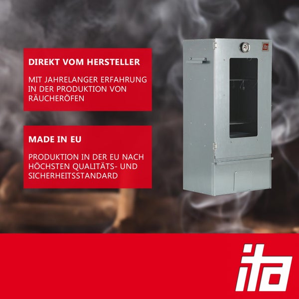 Metallischer Räucherofen von ITA mit Sichtfenster und Thermometer. Hergestellt in der Europäischen Union. ITA Logo.