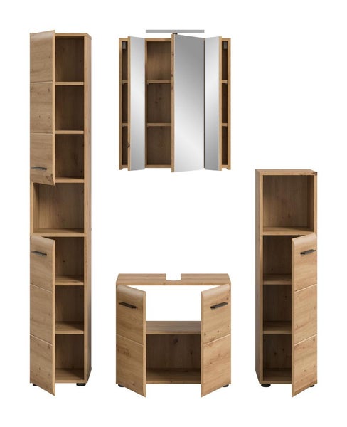 Mehrteiliges Badezimmermöbel-Set in Eiche-Optik mit Hochschrank, Spiegelschrank, Waschbeckenunterschrank und Seitenschrank.