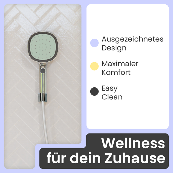 Moderne Handbrause mit Duschschlauch und Wandhalterung. Die Brause bietet ausgezeichnetes Design, maximalen Komfort und eine einfache Reinigung.