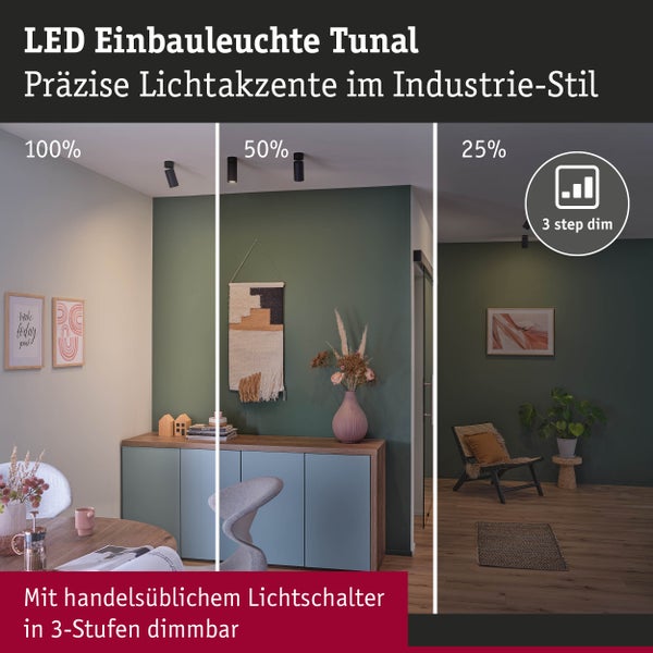 Produktverpackung eines LED Einbaustrahlers mit technischen Spezifikationen, IP44 Schutzklasse, Abmessungen und Paulmann Logo.