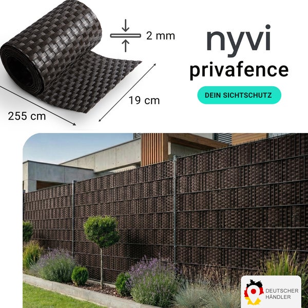 Nyvi Privafence Sichtschutzstreifen als Rolle mit zwei Millimeter Dicke und neunzehn Zentimeter Breite für Stabmattenzäune im Garten