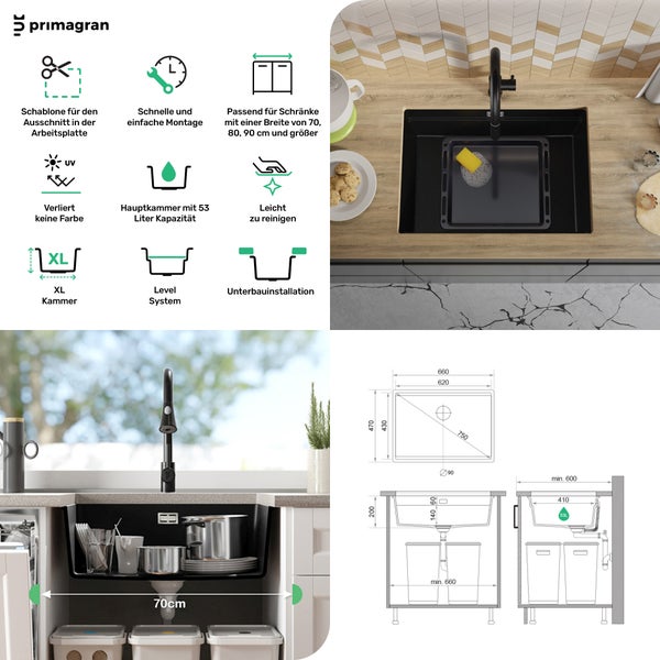 Primagran Spüle mit Eigenschaften, Detailansichten und Maßangaben