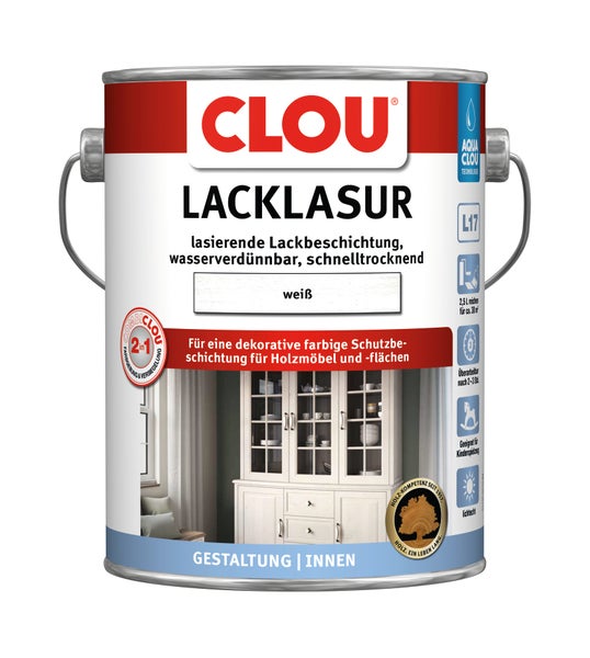 CLOU Lacklasur in Weiß für Holzmöbel im Innenbereich, 2-in-1 wasserverdünnbare und schnelltrocknende Holzlasur.