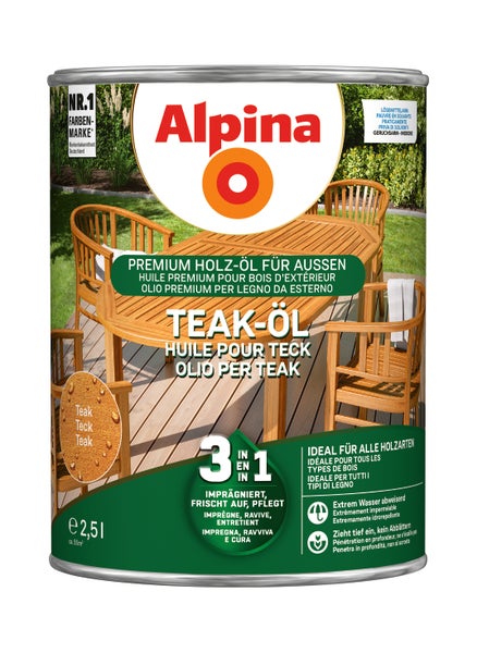 Alpina Teaköl Premium Holzöl für den Außenbereich 2,5 Liter Kanister zur Pflege von Holzmöbeln im Garten.