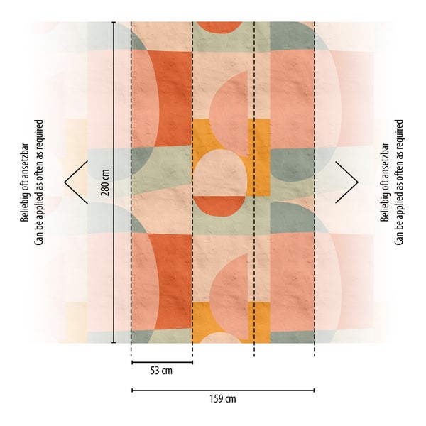 Fototapete mit geometrischem Muster, Maße 280 Zentimeter Höhe, 53 Zentimeter Bahnbreite, 159 Zentimeter Gesamtbreite, beliebig oft ansetzbar.
