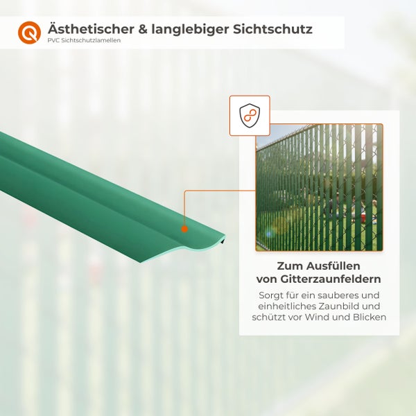 PVC Sichtschutzlamellen für Gitterzäune zur Nachrüstung von Sichtschutz und Windschutz mit Symbol für Langlebigkeit.