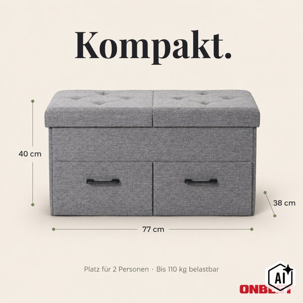 Gepolsterte Sitzbank mit Stauraum und zwei Schubladen von Onbest, 77 mal 38 mal 40 Zentimeter, belastbar bis 110 Kilogramm für zwei Personen.