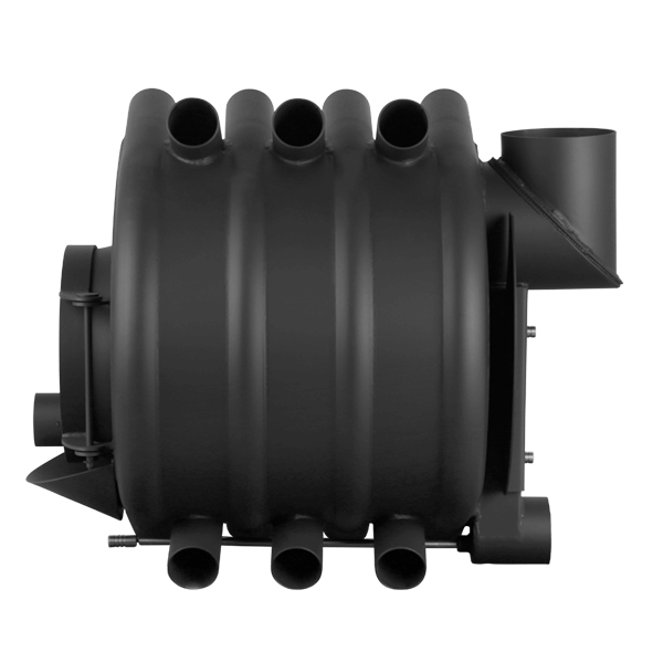 Seitenansicht eines schwarzen Warmluftofens aus Metall mit Rippendesign, Konvektionsrohren oben und unten sowie hinterem Abgasanschluss.