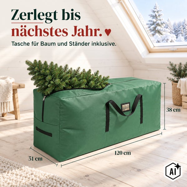 Aufbewahrungstasche für einen Weihnachtsbaum mit Maßen von 120 mal 51 mal 38 Zentimetern inklusive Tragegriffen.