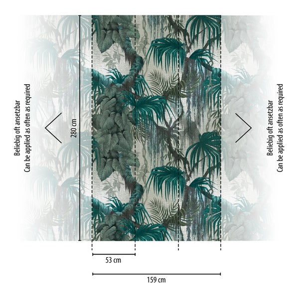 Dschungel-Fototapete mit Palmblättern, 280 Zentimeter hoch und 159 Zentimeter breit, beliebig oft ansetzbar mit 53 Zentimeter Musterwiederholung.