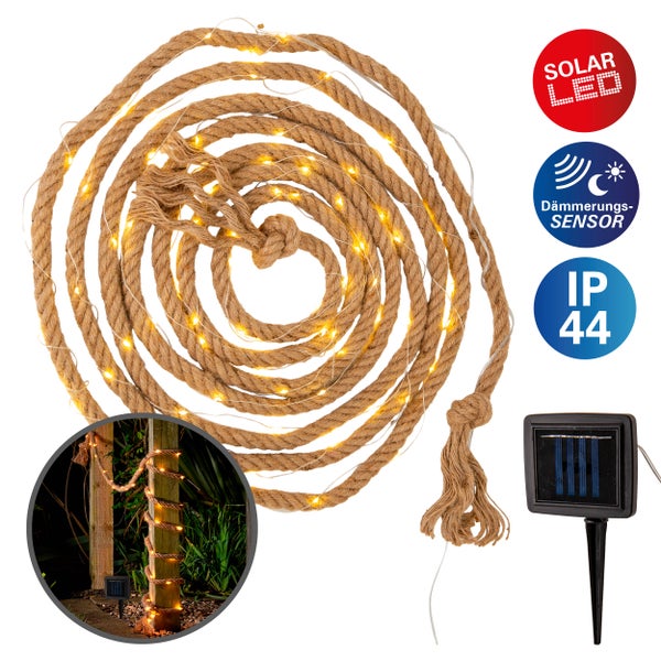 Solar-LED-Lichterkette im Seil-Design mit Dämmerungssensor und Schutzart IP44
